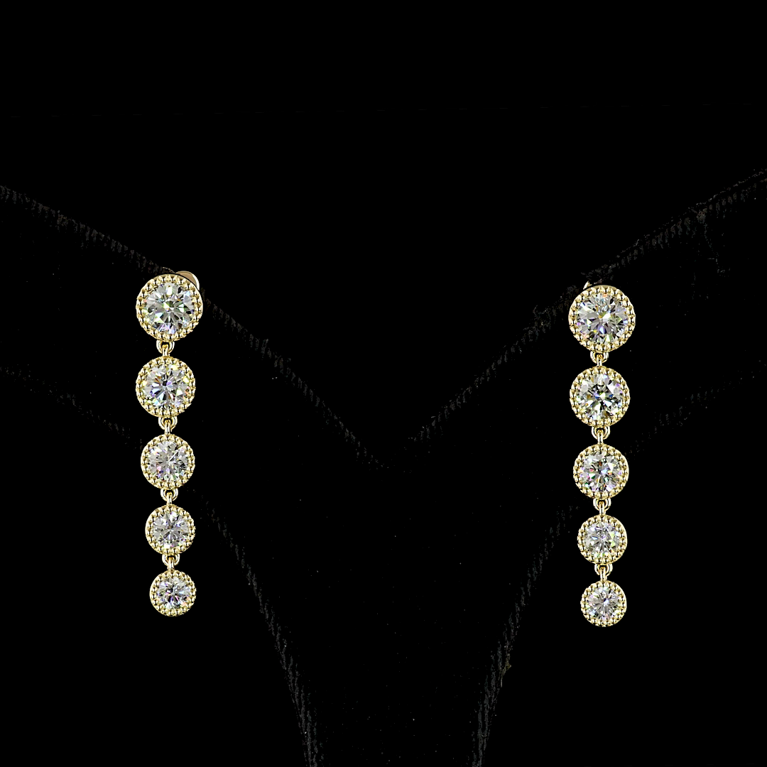 Lab-Grown 2.85 Carat Round E-VS Diamond 14K Yellow Gold Hanging Earrings