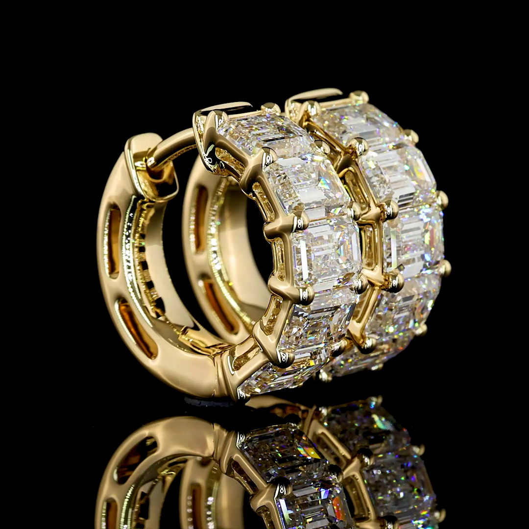 Lab-Grown 3.23 Carat Emerald E-VS Diamond 14K Yellow Gold Huggies Earrings