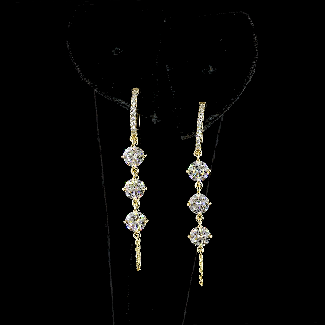 Lab-Grown 3.29 Carat Round E-F-VS1 Diamond 14K Yellow Gold Hanging Earrings