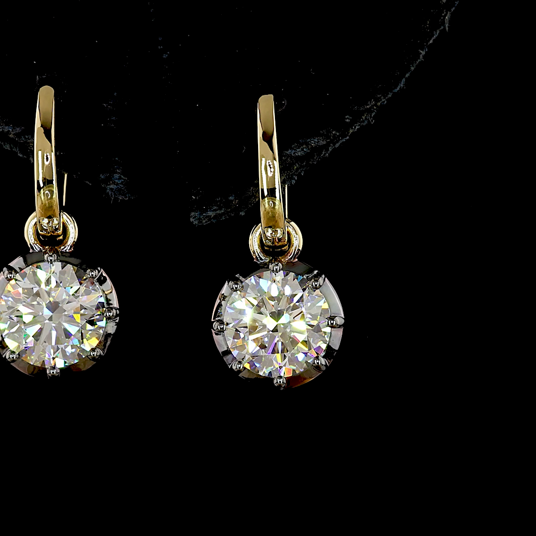 Lab-Grown 3.07 Carat Round E-VS1 Diamond 14K Yellow Gold Hanging Earrings