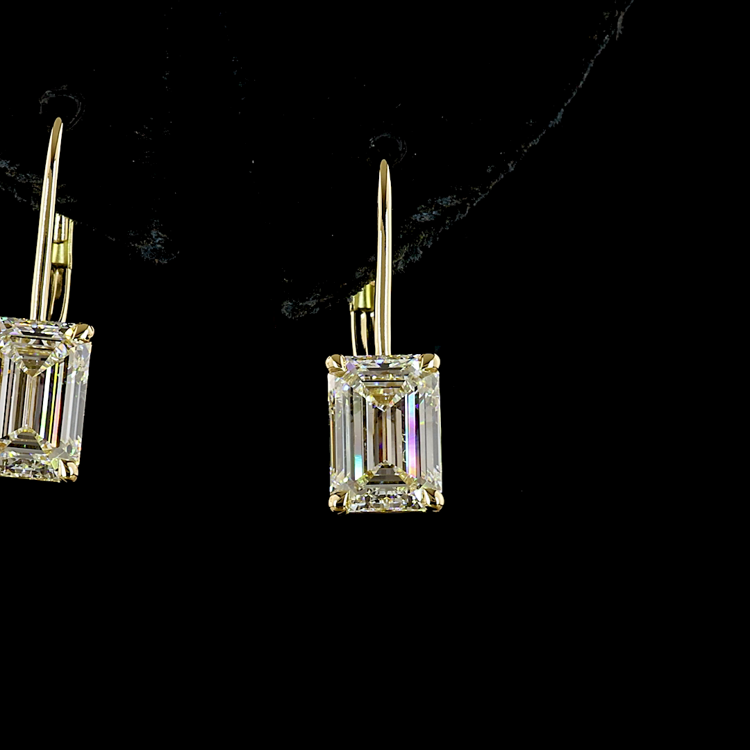 Lab-Grown 3.18 Carat Emerald E-VVS2 Diamond 14K Yellow Gold Hanging Earrings