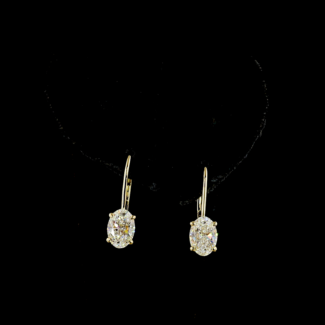 Lab-Grown 2.11 Carat Oval E-VVS2 Diamond 14K Yellow Gold Hanging Earrings