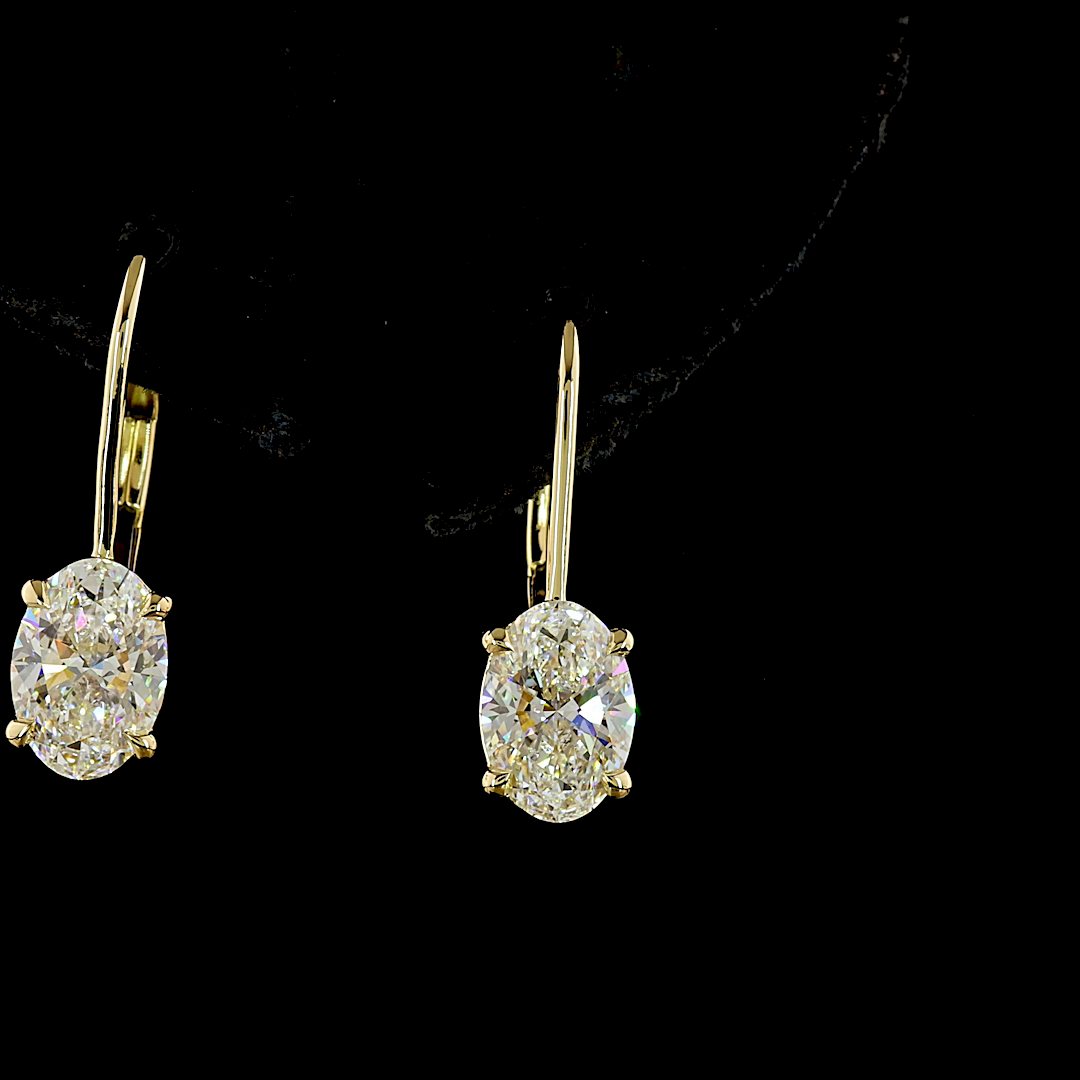 Lab-Grown 2.11 Carat Oval E-VVS2 Diamond 14K Yellow Gold Hanging Earrings
