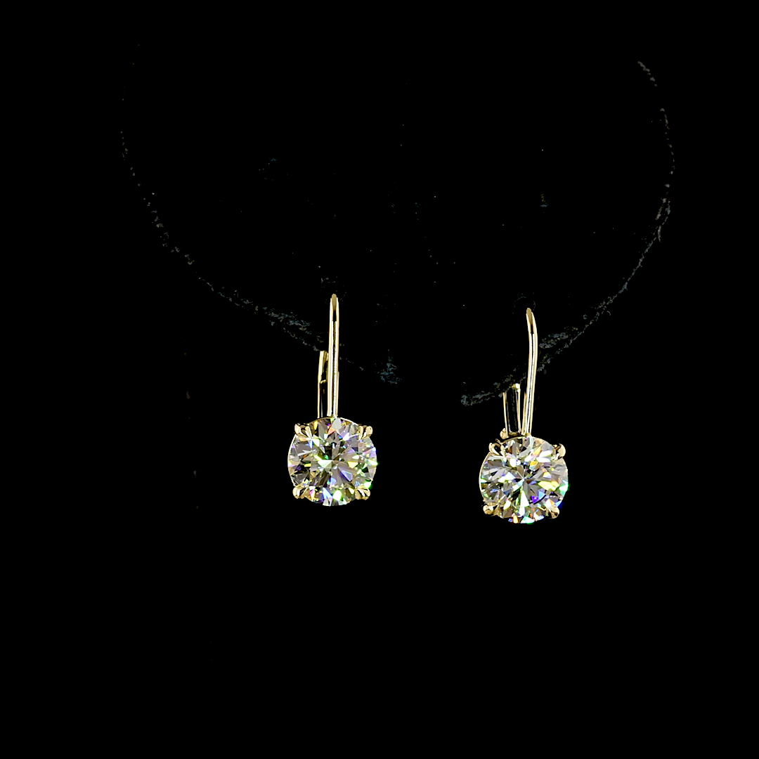 Lab-Grown 3.14 Carat Round E-VS1 Diamond 14K Yellow Gold Hanging Earrings