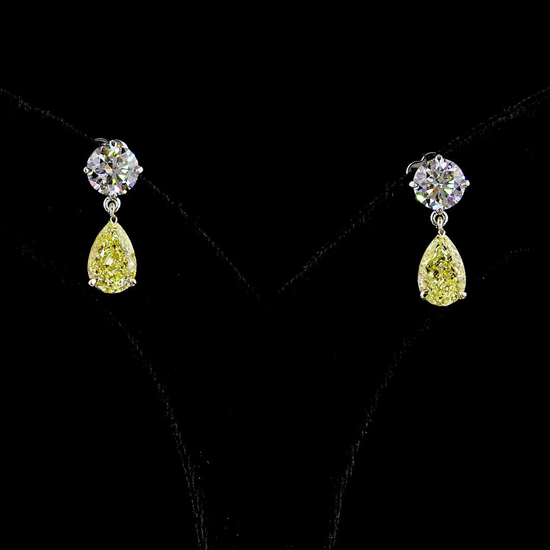Lab-Grown 5.17 Carat Pear Fancy Vivid-VS1 Diamond 14K Two Tone Hanging Earrings