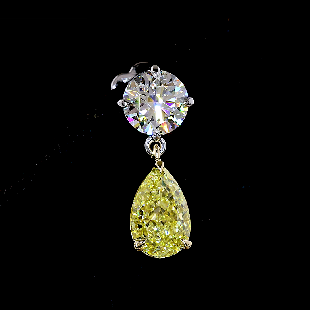 Lab-Grown 5.17 Carat Pear Fancy Vivid-VS1 Diamond 14K Two Tone Hanging Earrings
