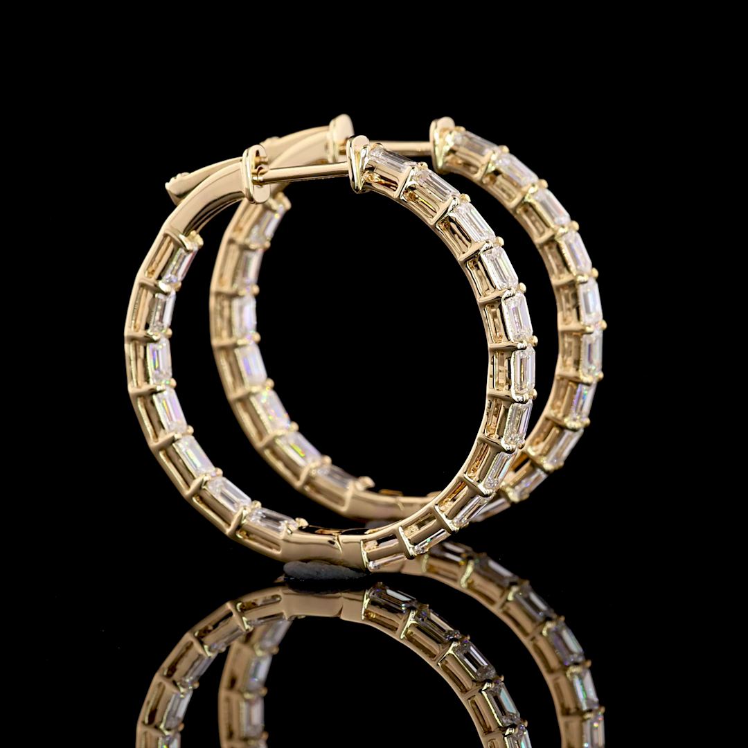 Lab-Grown 3 Carat Emerald F-VS2 Diamond 14K Yellow Gold Hoops Earrings