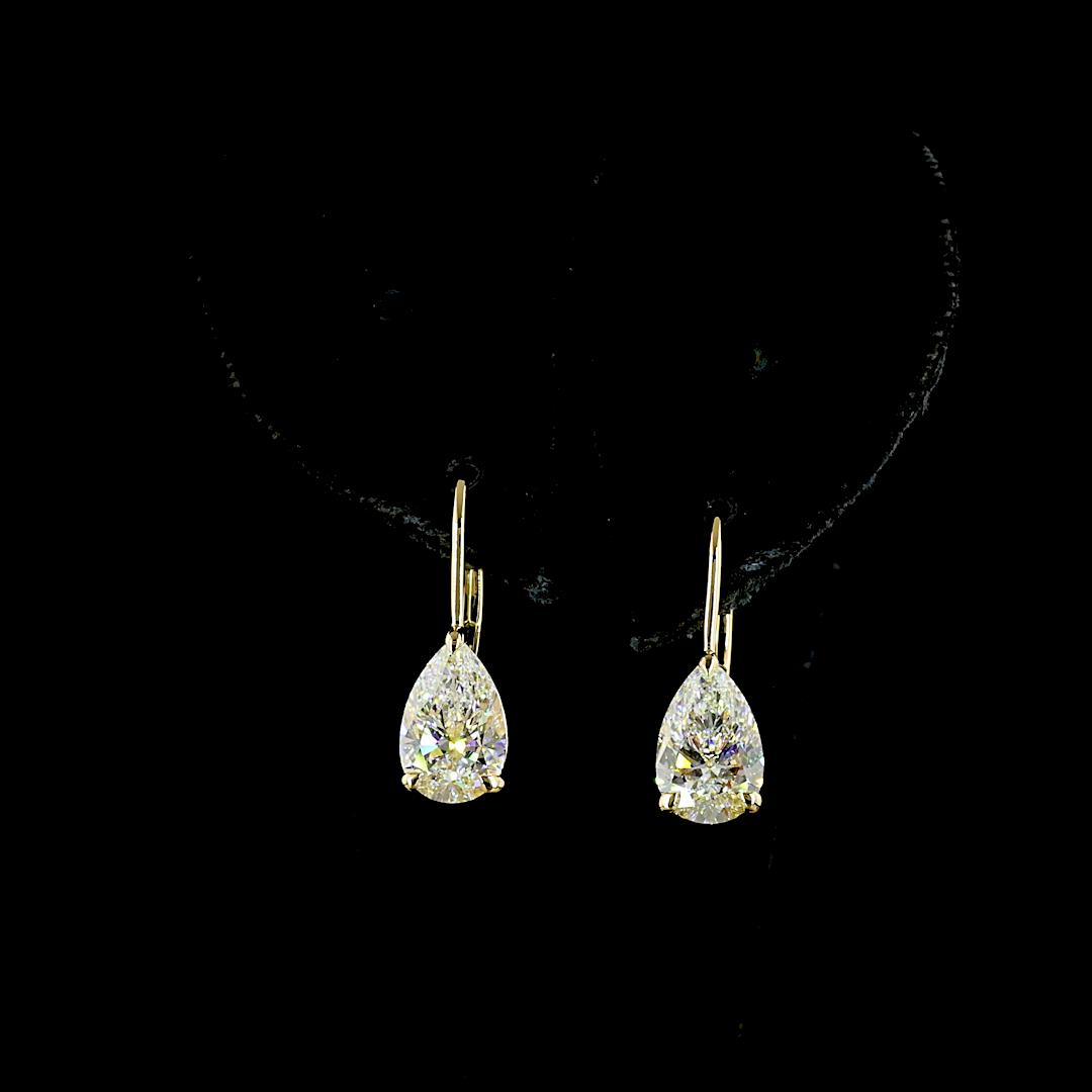Lab-Grown 3.13 Carat Pear E-F-VS1 Diamond 14K Yellow Gold Hanging Earrings
