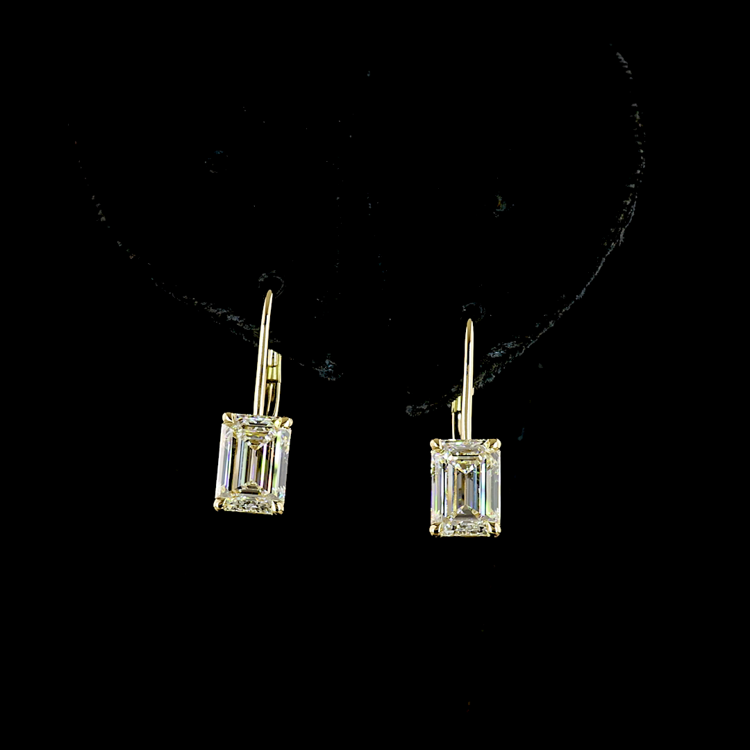 Lab-Grown 3.2 Carat Emerald E-F-VS1 Diamond 14K Yellow Gold Hanging Earrings