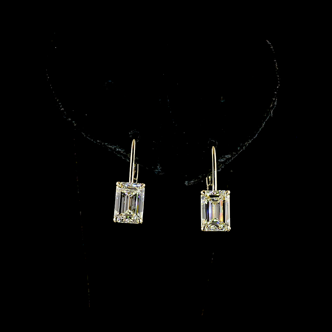 Lab-Grown 3.15 Carat Emerald E-F-VS1 Diamond 14K Yellow Gold Hanging Earrings