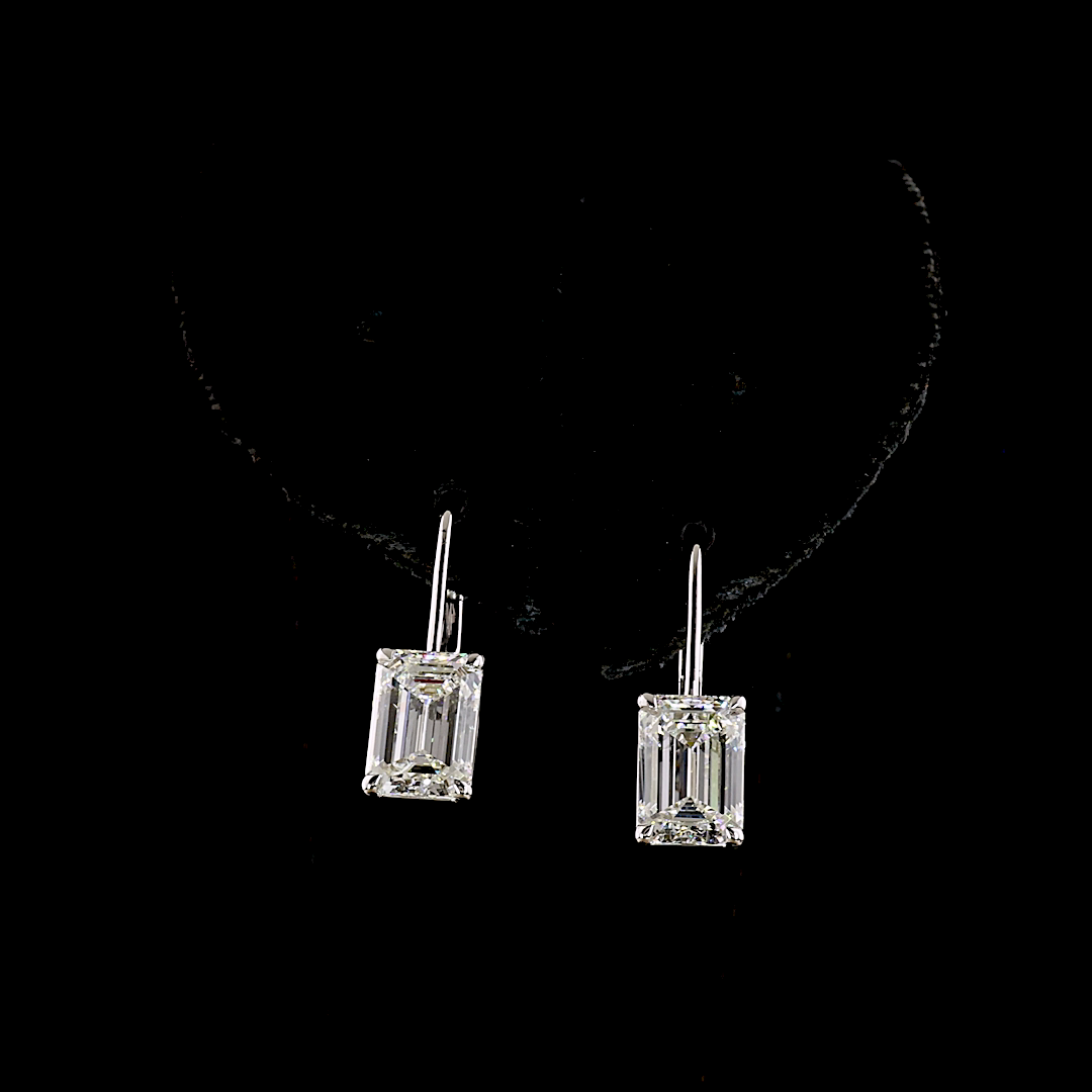 Lab-Grown 4.22 Carat Emerald E-F-VS1 Diamond 14K White Gold Hanging Earrings