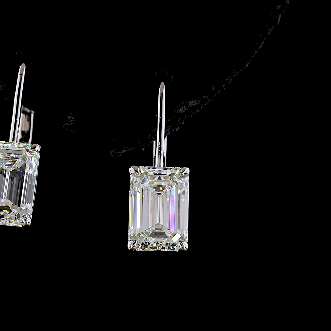 Lab-Grown 4.22 Carat Emerald E-F-VS1 Diamond 14K White Gold Hanging Earrings