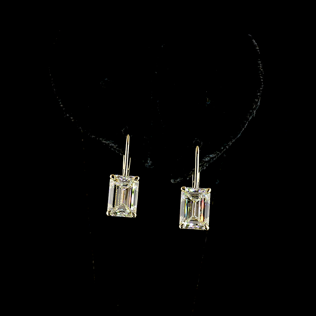 Lab-Grown 4.18 Carat Emerald E-F-VS1 Diamond 14K Yellow Gold Hanging Earrings