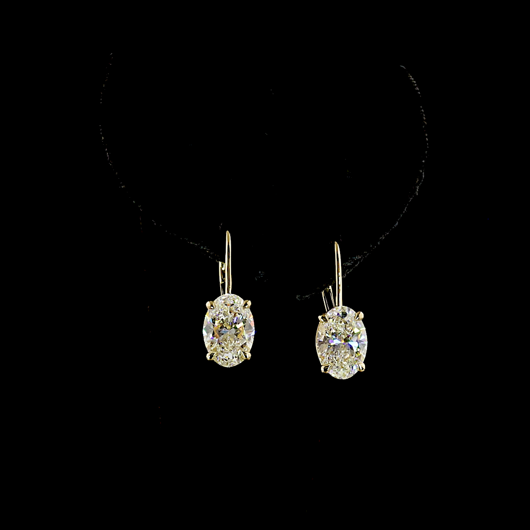 Lab-Grown 4.19 Carat Oval E-F-VS1 Diamond 14K Yellow Gold Hanging Earrings