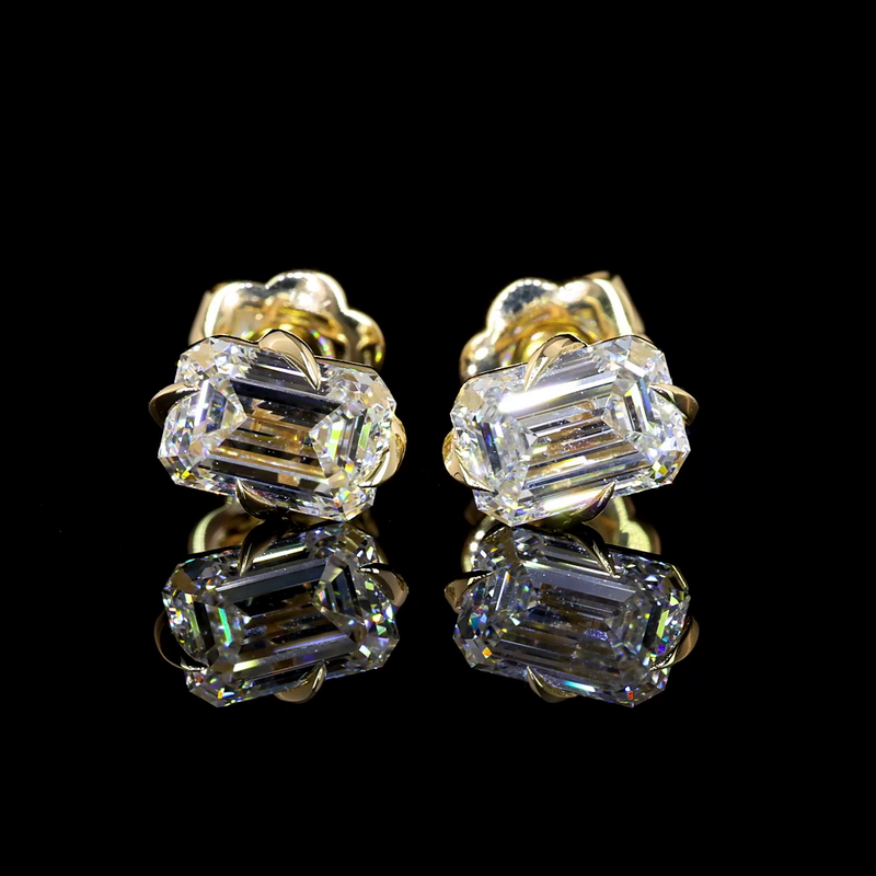 Lab-Grown 2.07 Carat Emerald D-VS2 Diamond 14K Yellow Gold Studs Earrings