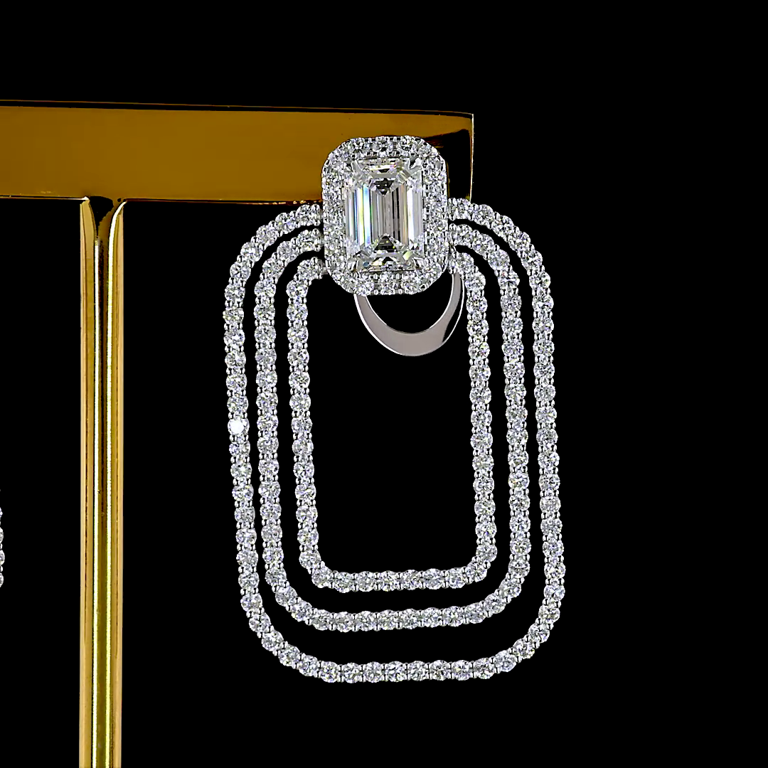 Lab-Grown 5.65 Carat Emerald E-F-VVS2 Diamond 14K White Gold Hanging Earrings