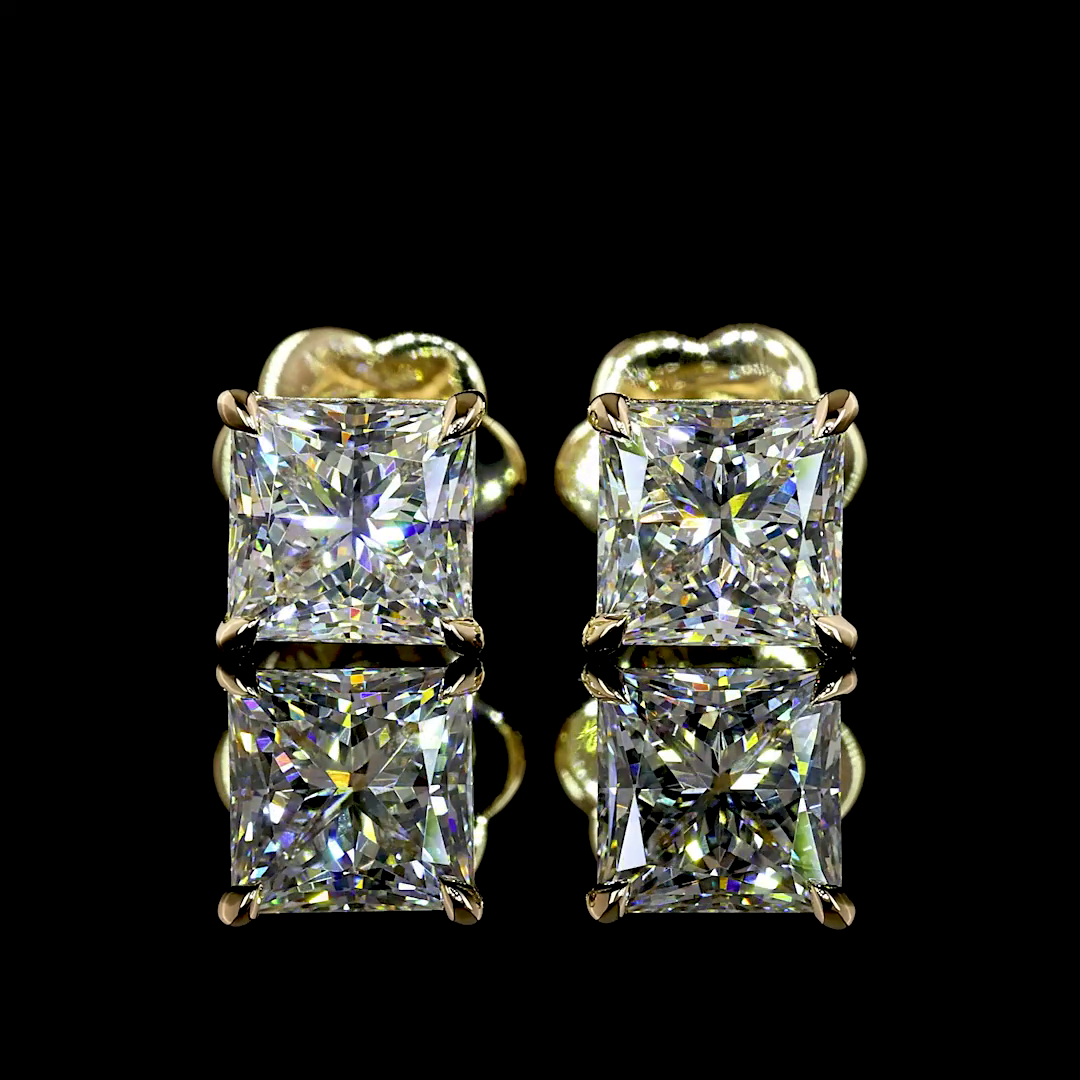 Lab-Grown 2.05 Carat Princess E-F-VS1 Diamond 14K Yellow Gold Studs Earrings