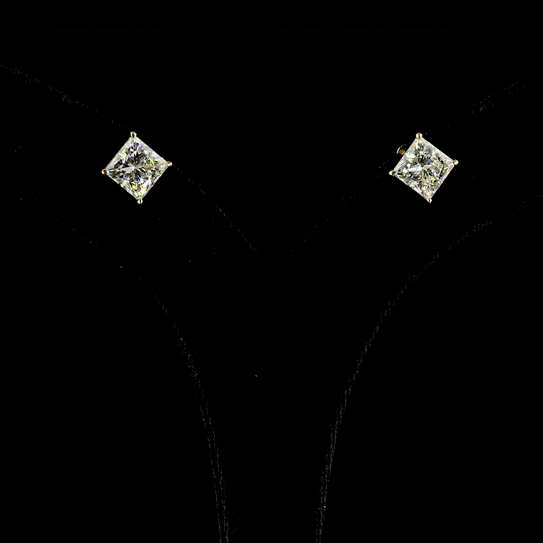 Lab-Grown 4.15 Carat Princess E-F-VS1 Diamond 14K Yellow Gold Studs Earrings