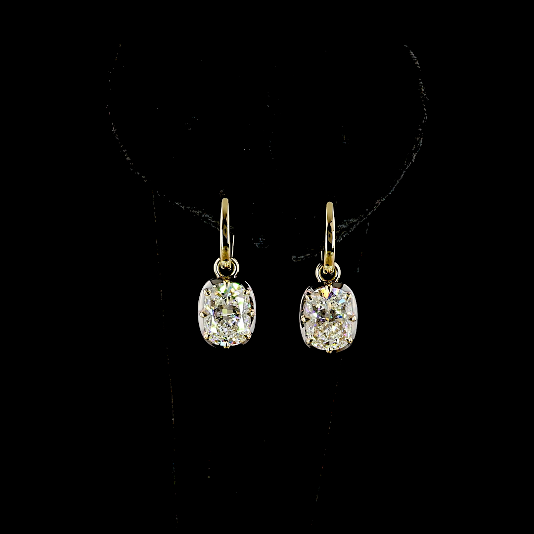 Lab-Grown 4.07 Carat Cushion Brilliant E-F-VS1 Diamond 14K YG Hanging Earrings