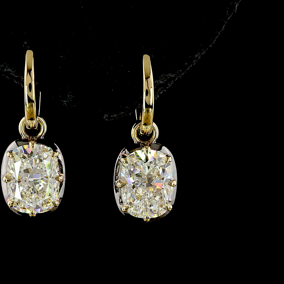 Lab-Grown 4.07 Carat Cushion Brilliant E-F-VS1 Diamond 14K YG Hanging Earrings