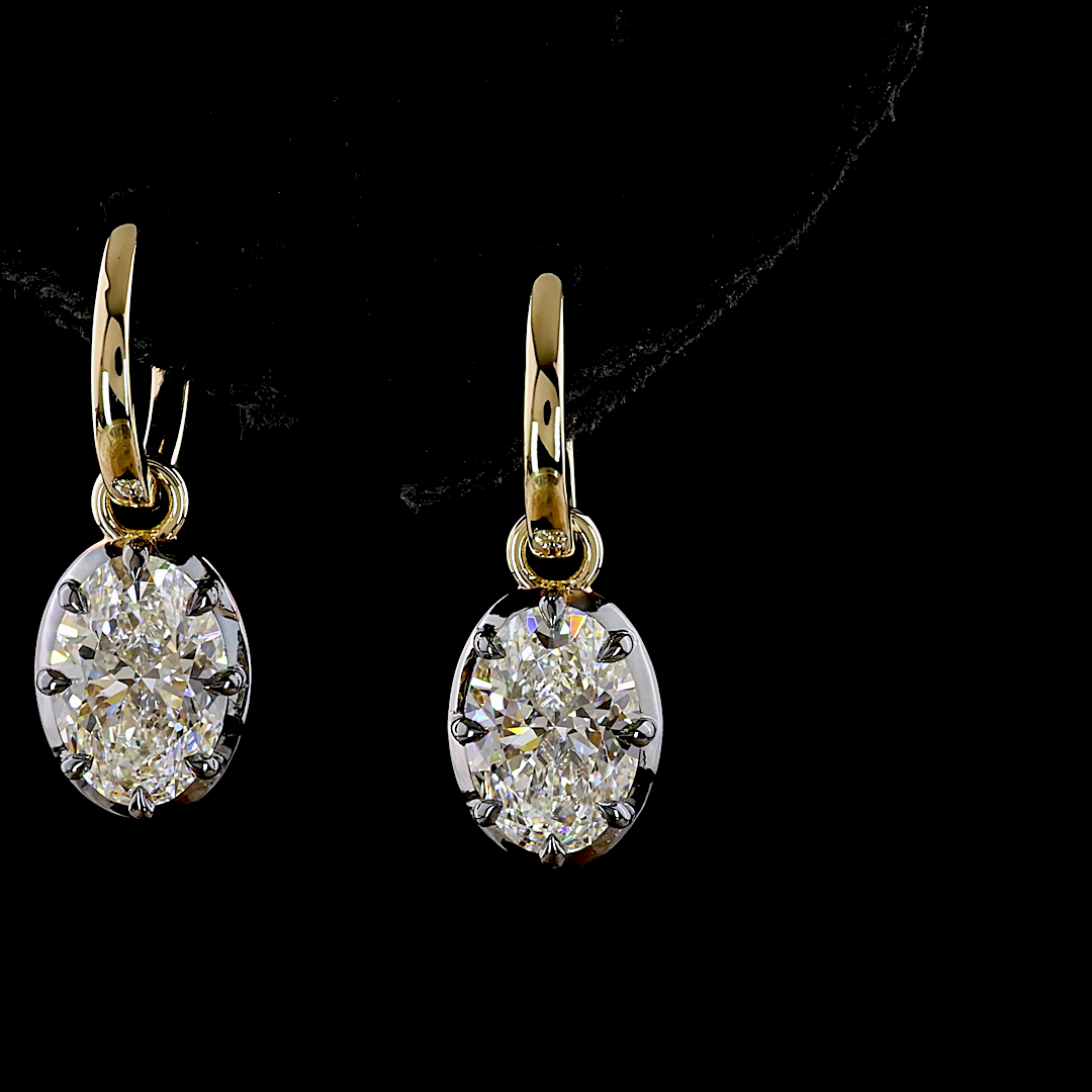 Lab-Grown 3.02 Carat Oval E-F-VVS2 Diamond 14K Yellow Gold Hanging Earrings