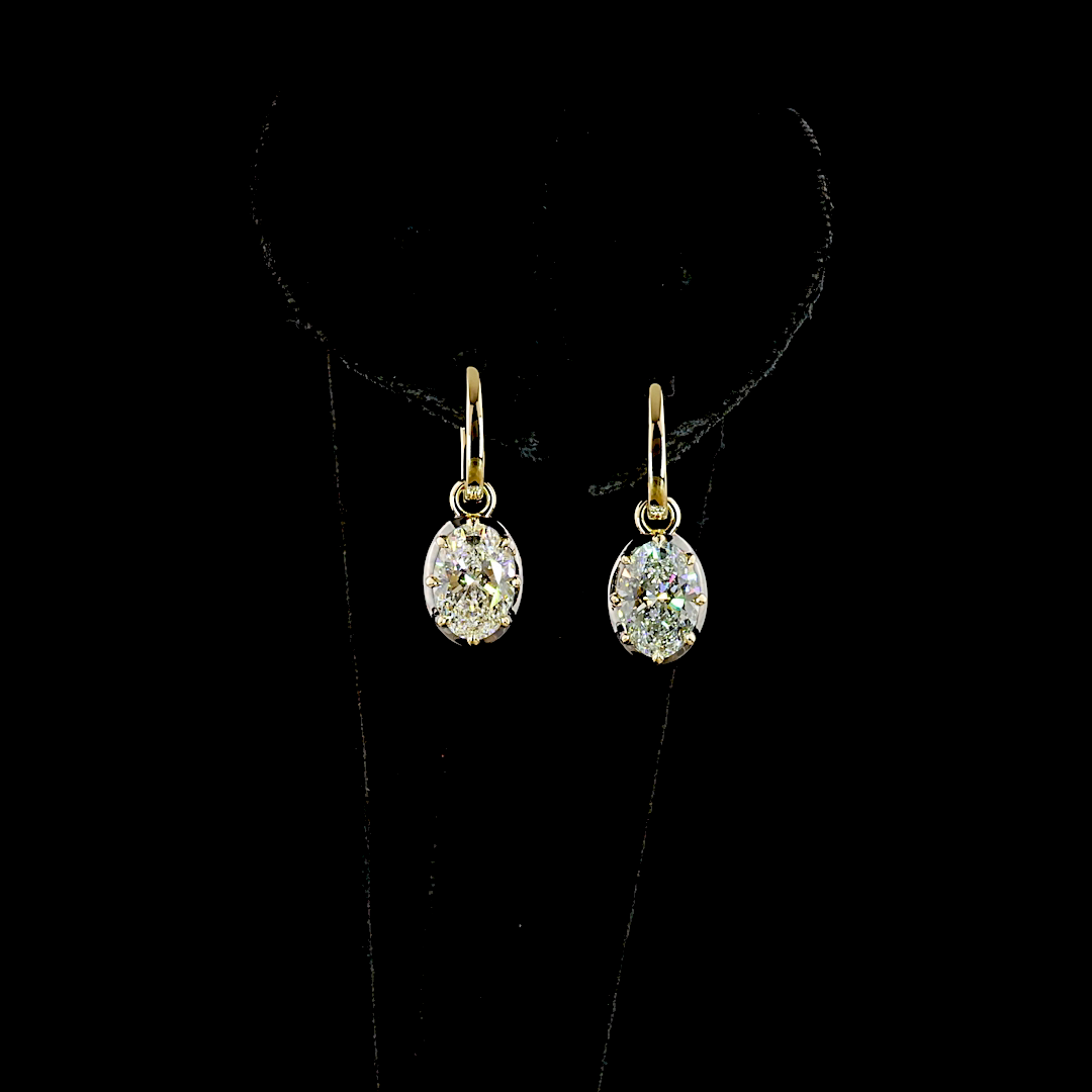 Lab-Grown 3.06 Carat Oval E-F-VS1 Diamond 14K Yellow Gold Hanging Earrings