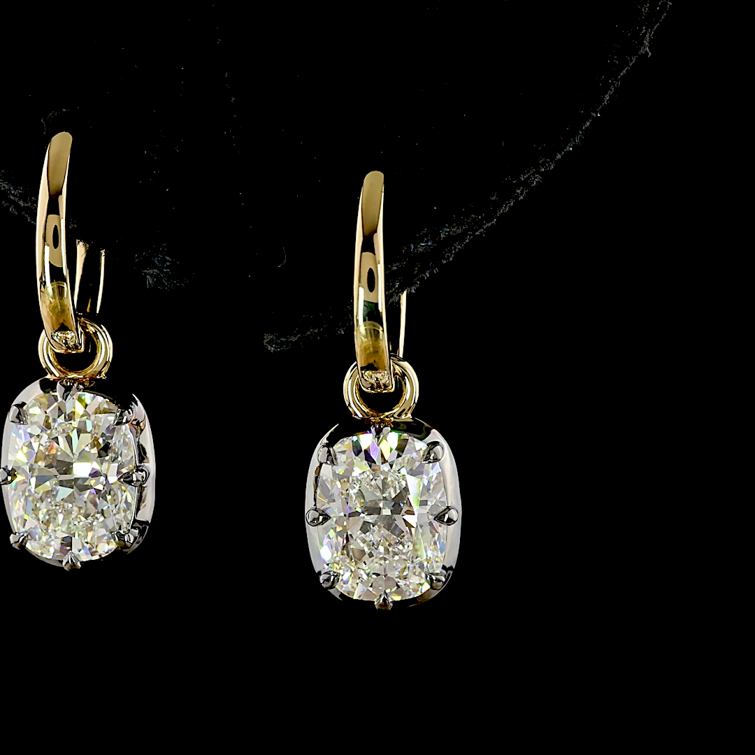 Lab-Grown 3.1 Carat Cushion Brilliant E-F-VVS2 Diamond 14K YG Hanging Earrings