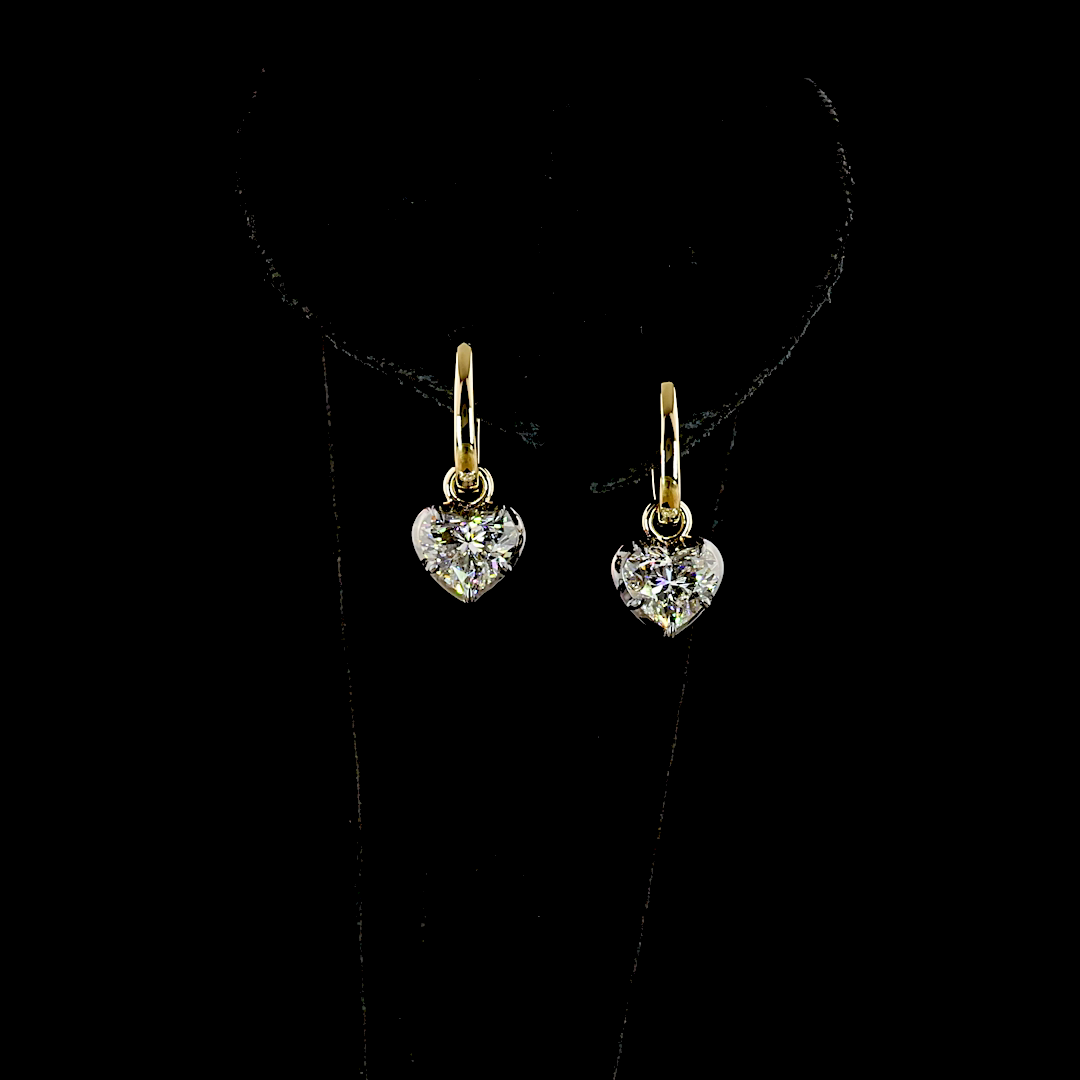 Lab-Grown 2.04 Carat Heart E-F-VS2 Diamond 14K Yellow Gold Hanging Earrings