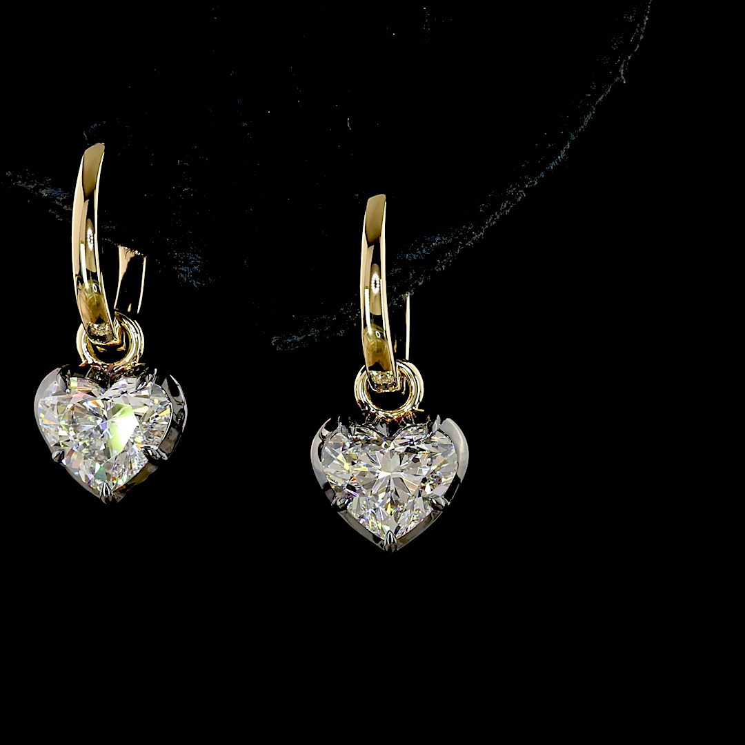 Lab-Grown 2.04 Carat Heart E-F-VS2 Diamond 14K Yellow Gold Hanging Earrings