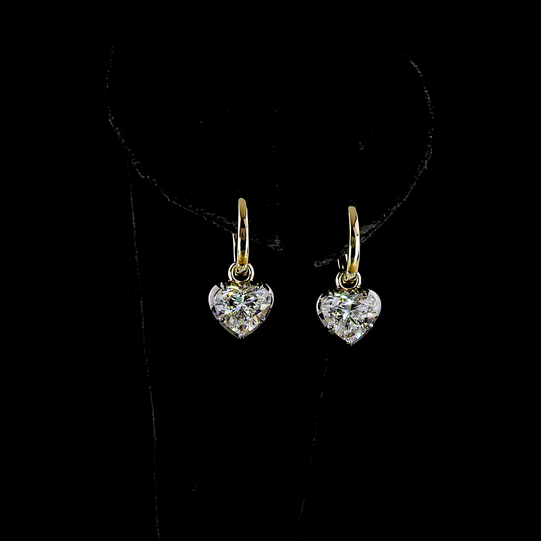 Lab-Grown 3.04 Carat Heart E-F-VS1 Diamond 14K Yellow Gold Hanging Earrings