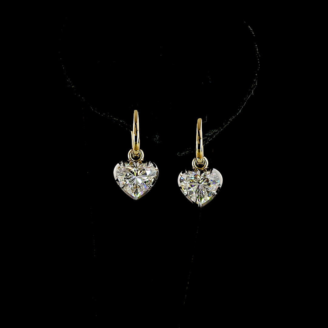 Lab-Grown 4.11 Carat Heart E-F-VVS2 Diamond 14K Yellow Gold Hanging Earrings