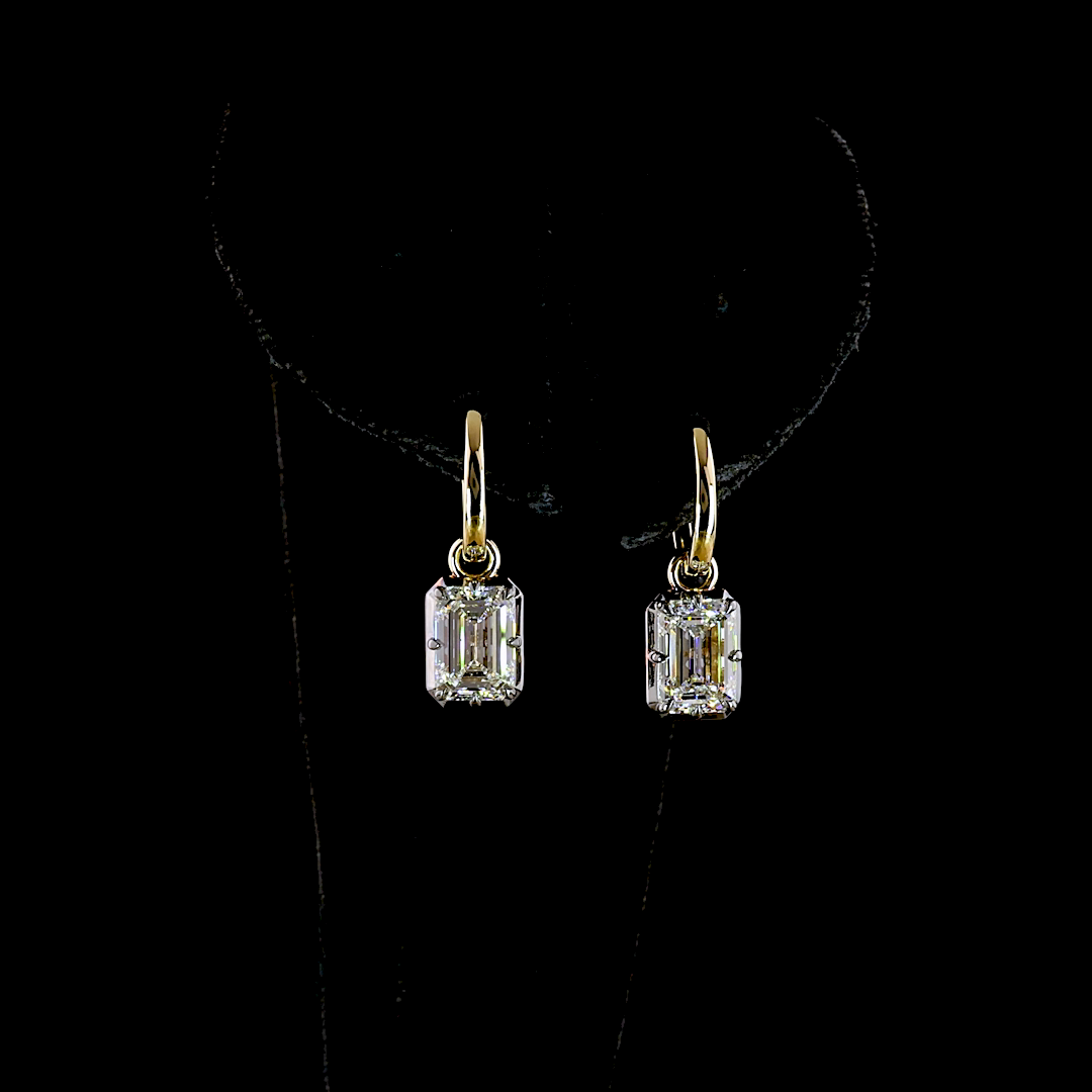 Lab-Grown 3.08 Carat Emerald D-VS1 Diamond 14K Yellow Gold Hanging Earrings