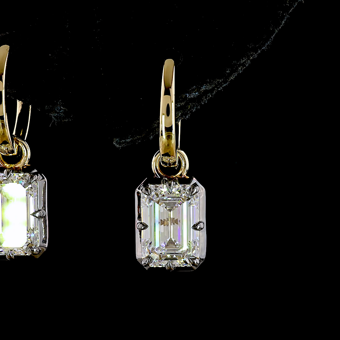 Lab-Grown 3.11 Carat Emerald E-F-VVS2 Diamond 14K Yellow Gold Hanging Earrings