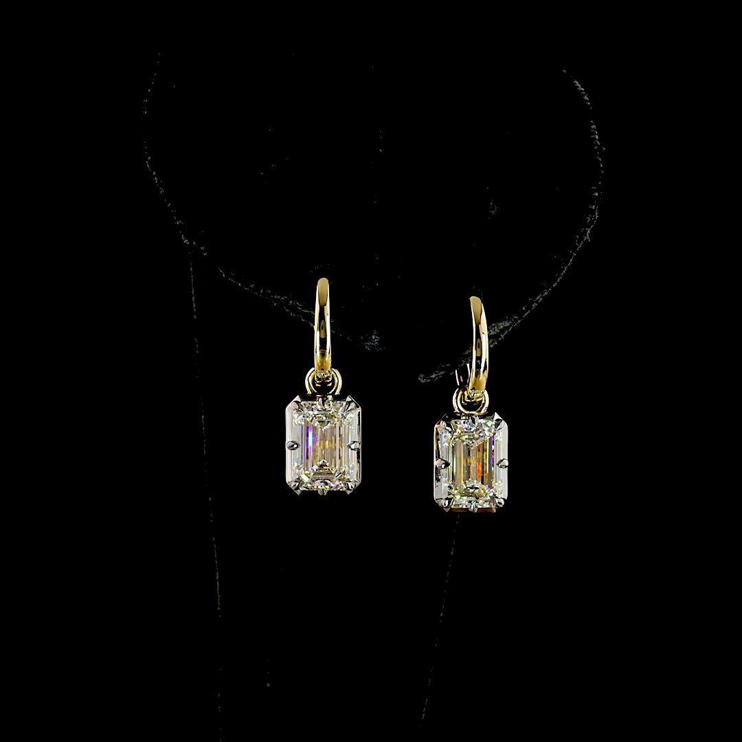 Lab-Grown 4.04 Carat Emerald E-F-VS1 Diamond 14K Yellow Gold Hanging Earrings