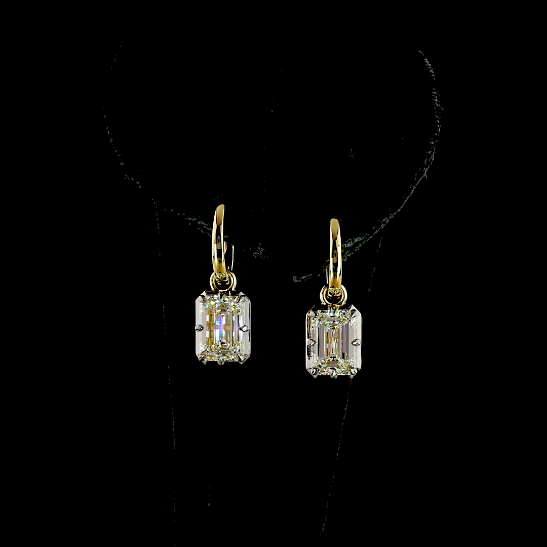 Lab-Grown 4.06 Carat Emerald E-F-VS1 Diamond 14K Yellow Gold Hanging Earrings