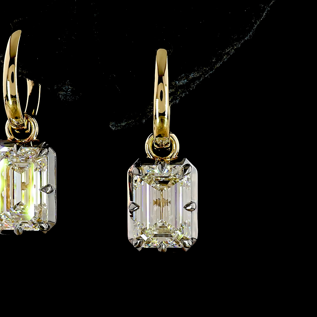 Lab-Grown 4.06 Carat Emerald E-F-VS1 Diamond 14K Yellow Gold Hanging Earrings
