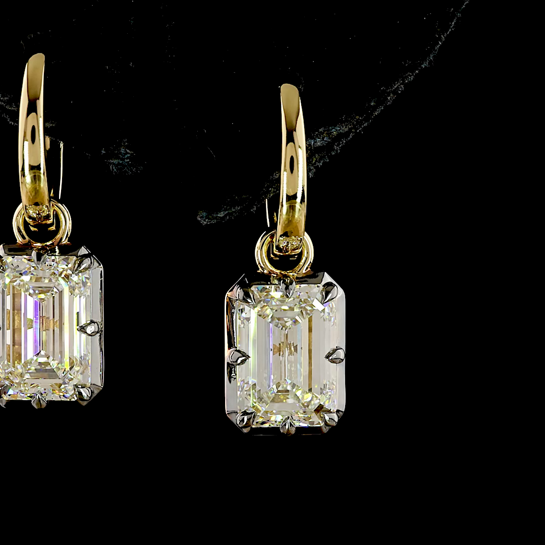 Lab-Grown 4.1 Carat Emerald E-F-VS1 Diamond 14K Yellow Gold Hanging Earrings