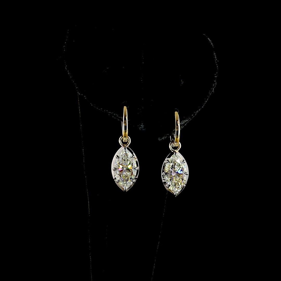 Lab-Grown 3.03 Carat Marquise E-F-VS1 Diamond 14K Yellow Gold Hanging Earrings