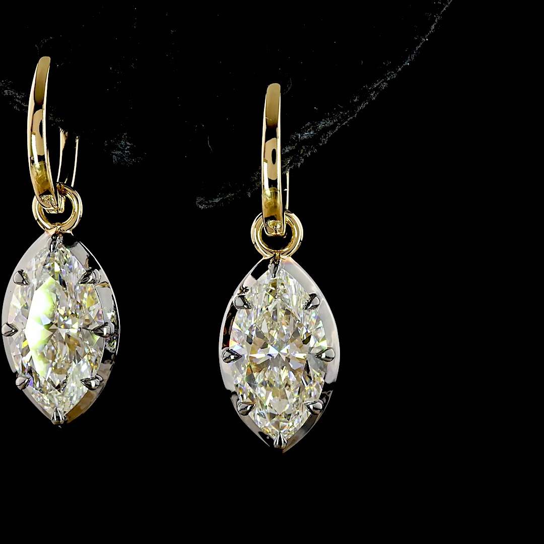 Lab-Grown 3.03 Carat Marquise E-F-VS1 Diamond 14K Yellow Gold Hanging Earrings