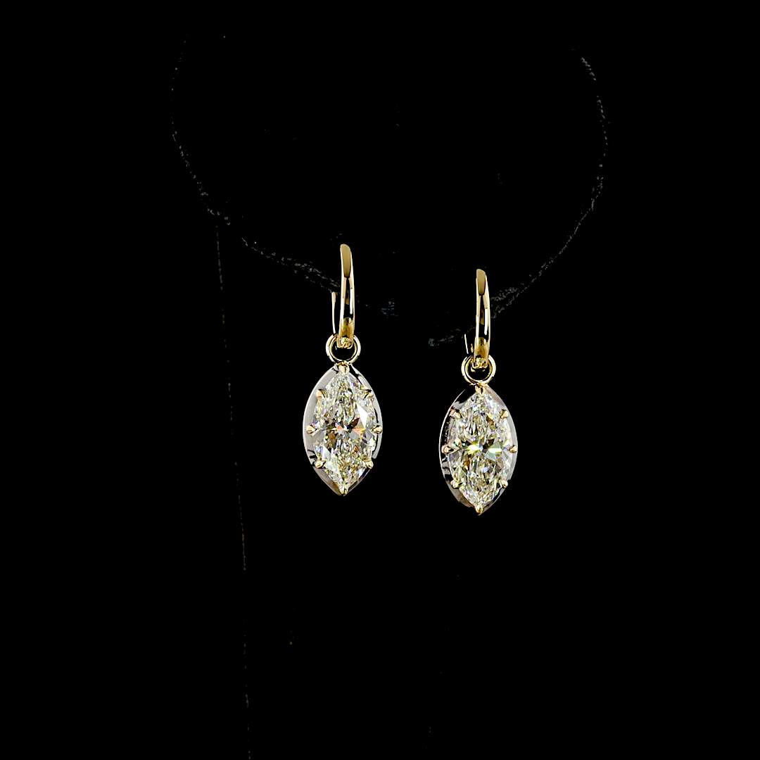 Lab-Grown 4.1 Carat Marquise E-F-VS1 Diamond 14K Yellow Gold Hanging Earrings