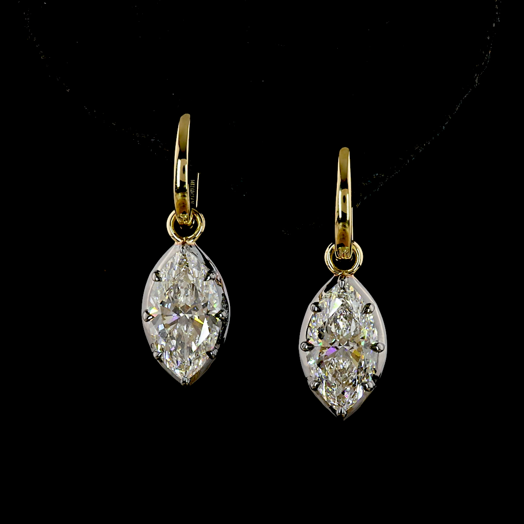 Lab-Grown 4.11 Carat Marquise E-F-VVS2 Diamond 14K Yellow Gold Hanging Earrings