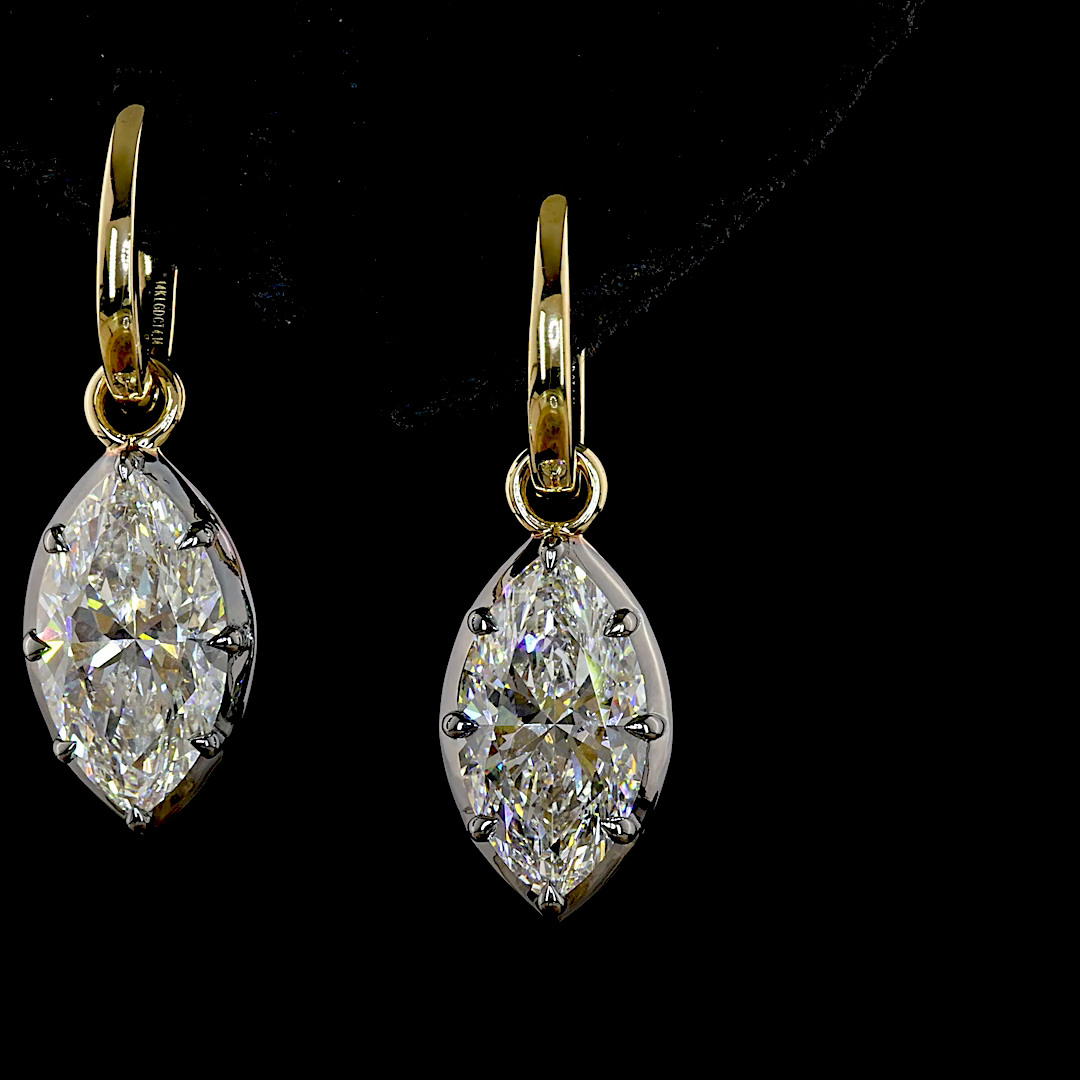 Lab-Grown 4.11 Carat Marquise E-F-VVS2 Diamond 14K Yellow Gold Hanging Earrings