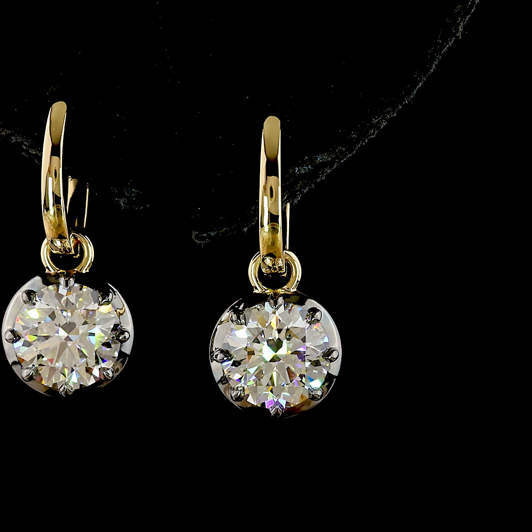 Lab-Grown 3.09 Carat Round E-F-VS1 Diamond 14K Yellow Gold Hanging Earrings