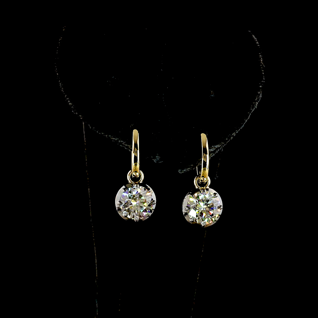 Lab-Grown 3.03 Carat Round E-F-VS1 Diamond 14K Yellow Gold Hanging Earrings