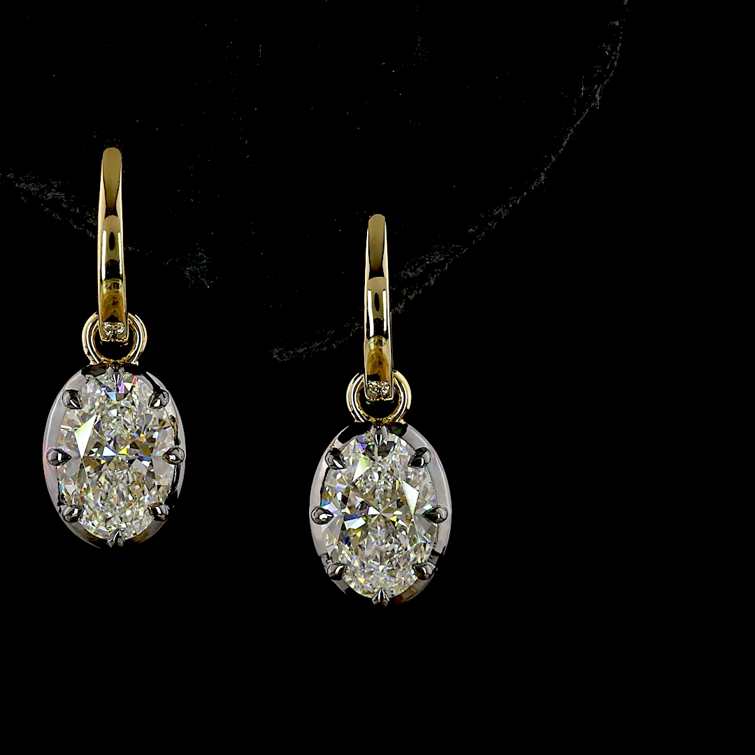 Lab-Grown 3.08 Carat Oval E-F-VS1 Diamond 14K Yellow Gold Hanging Earrings