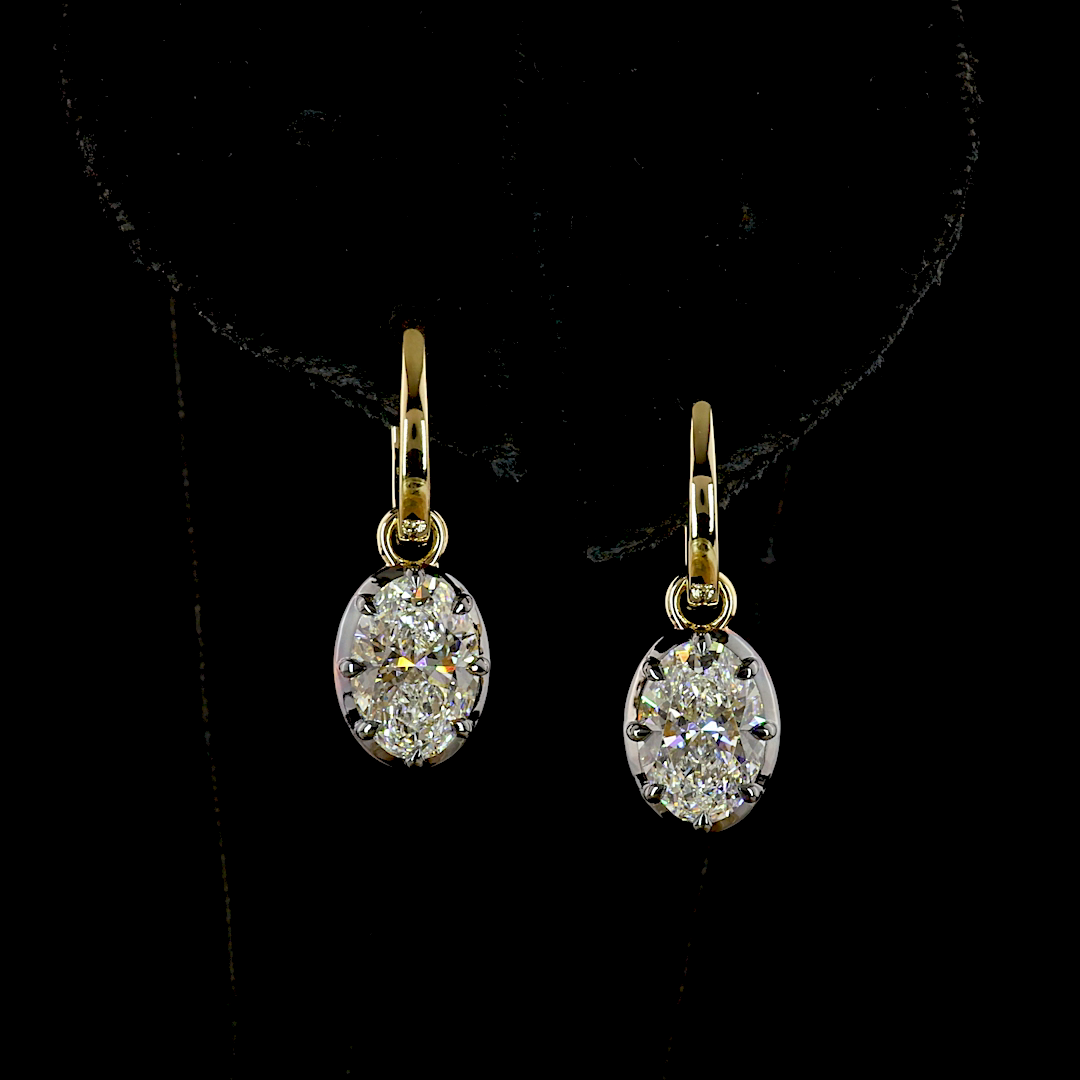 Lab-Grown 3.06 Carat Oval E-F-VVS2 Diamond 14K Yellow Gold Hanging Earrings