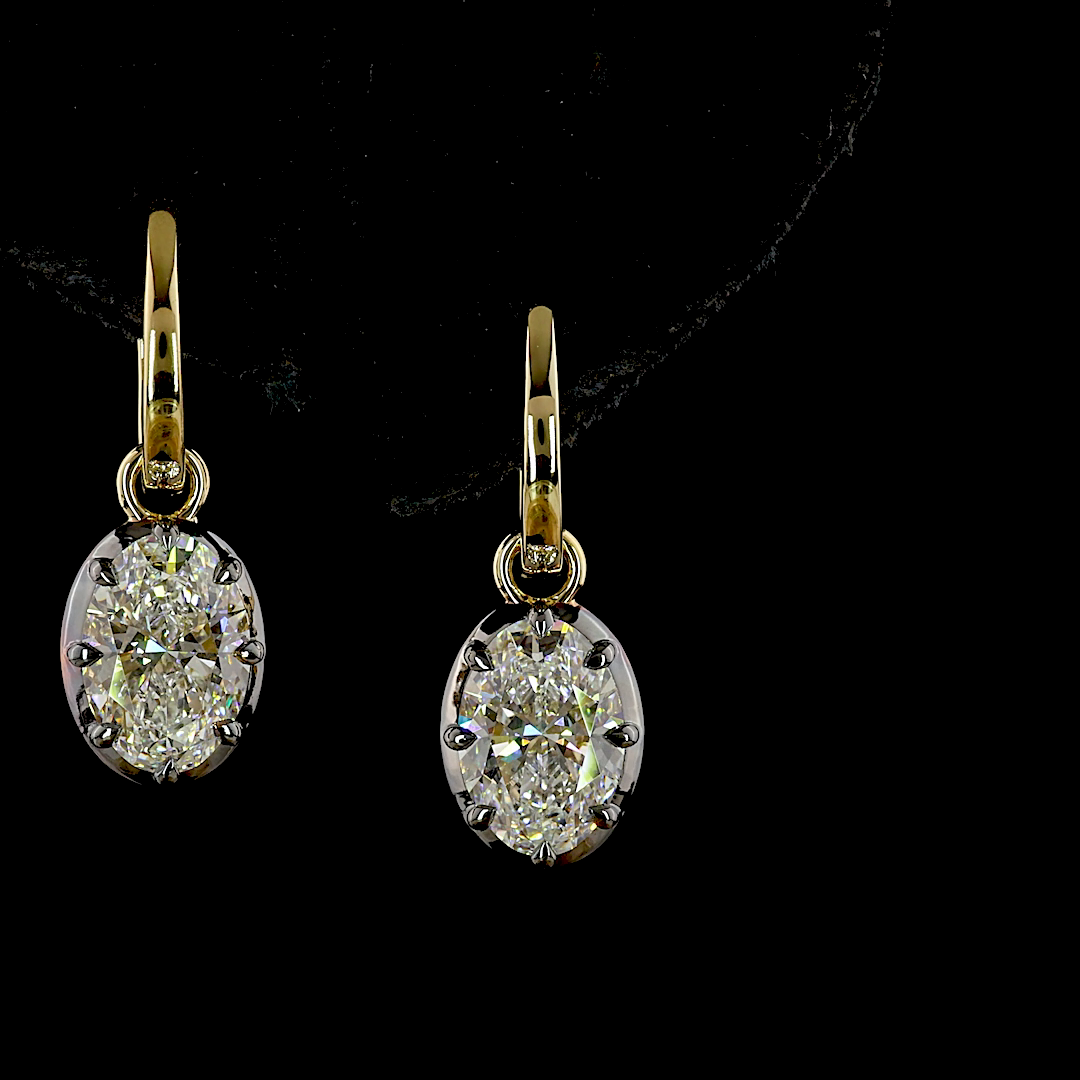 Lab-Grown 3.06 Carat Oval E-F-VVS2 Diamond 14K Yellow Gold Hanging Earrings