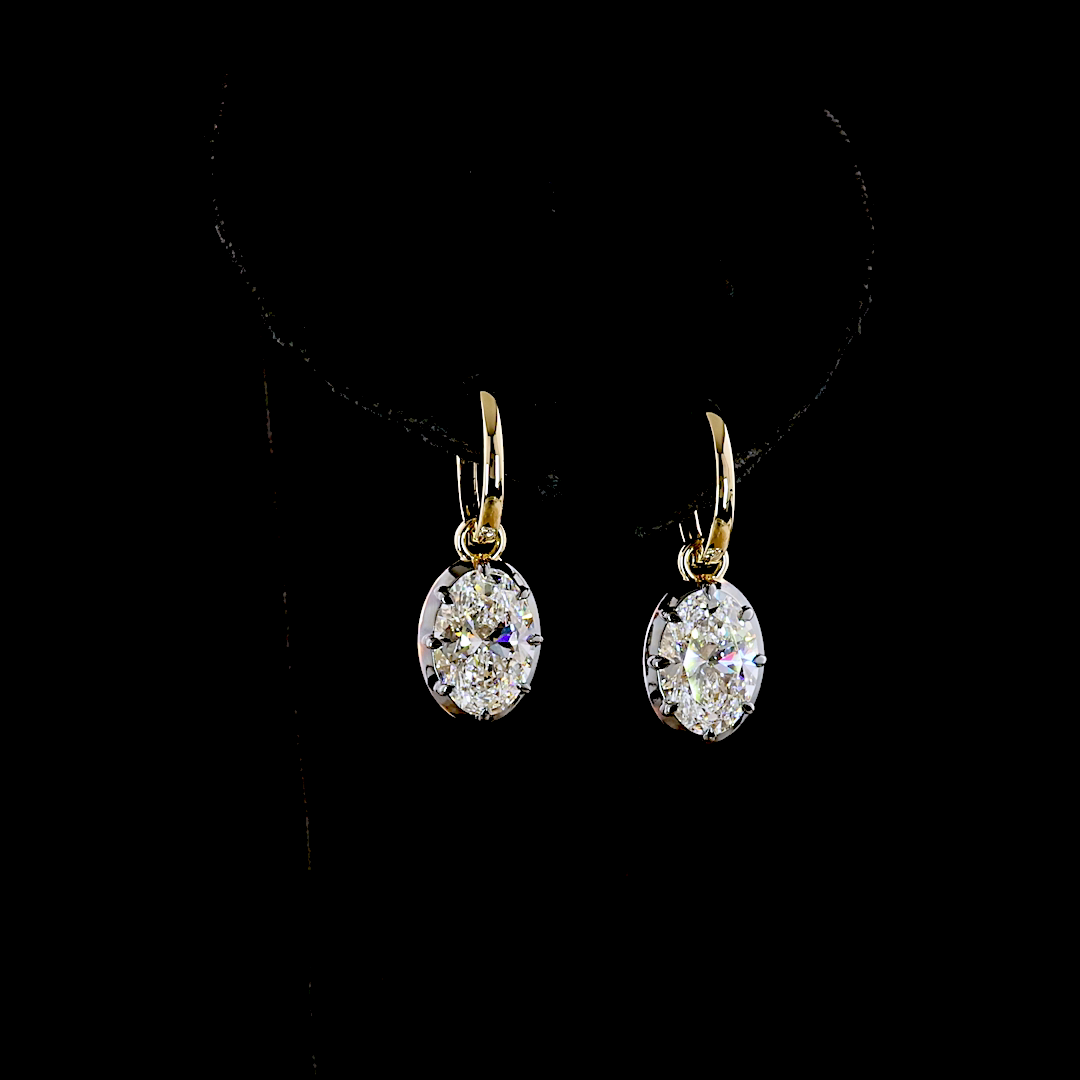 Lab-Grown 4.19 Carat Oval E-F-VS2 Diamond 14K Yellow Gold Hanging Earrings