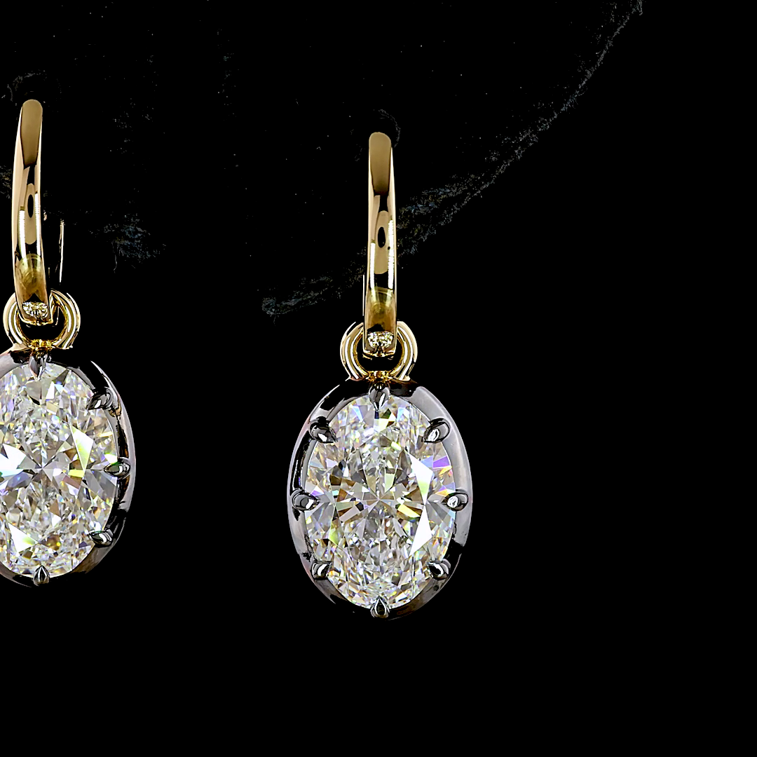 Lab-Grown 4.04 Carat Oval E-F-VS1 Diamond 14K Yellow Gold Hanging Earrings