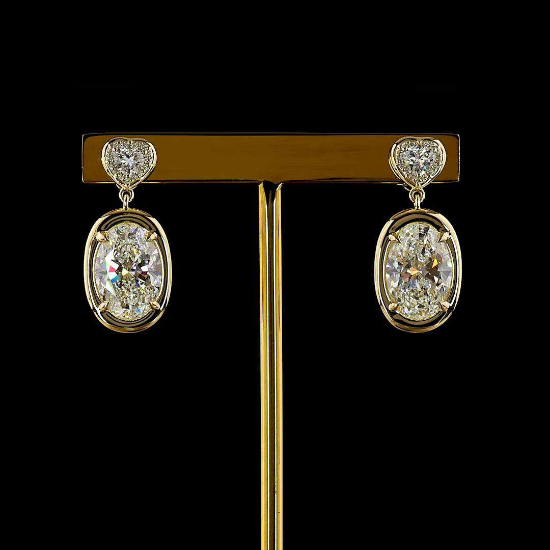 Lab-Grown 7.68 Carat Oval E-F-VS1 Diamond 14K Yellow Gold Hanging Earrings